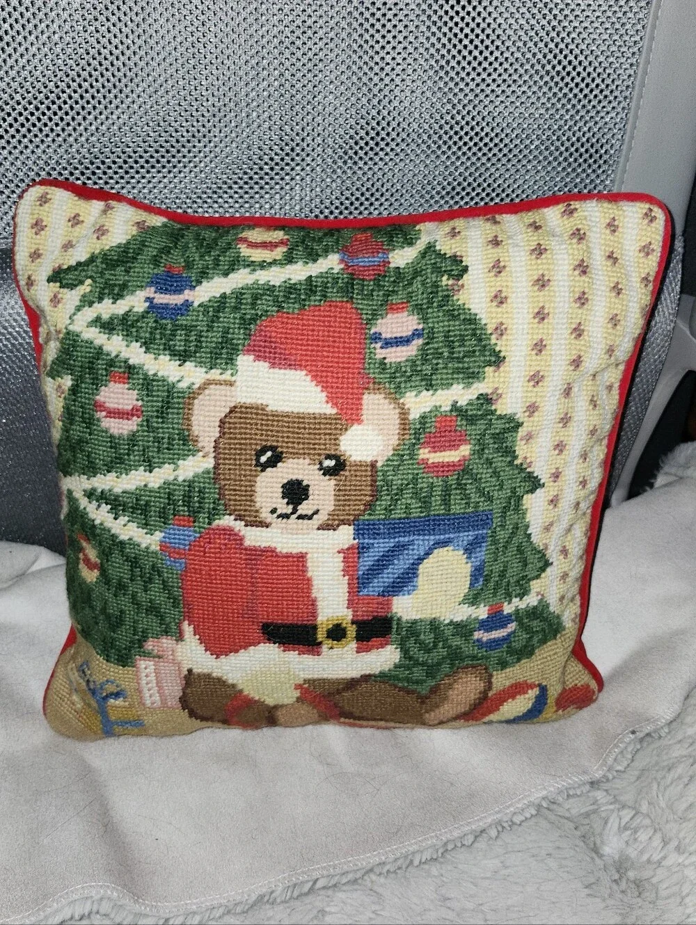 Teddy Bear Needlepoint Holiday Pillow - Red & Green Christmas Accent 11 Inches